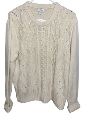 J Crew Sweater Womens XL Cableknit Lambswool Blend Cream Fisherman Preppy New